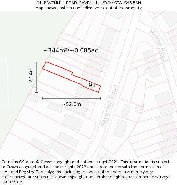91, RAVENHILL ROAD, RAVENHILL, SWANSEA, SA5 5AN: Plot and title map