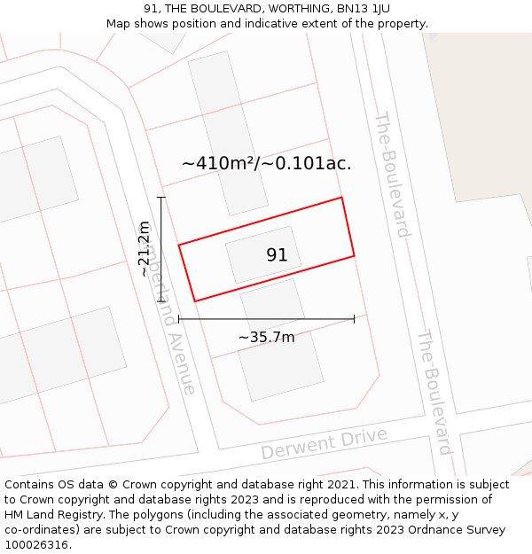 91, THE BOULEVARD, WORTHING, BN13 1JU: Plot and title map