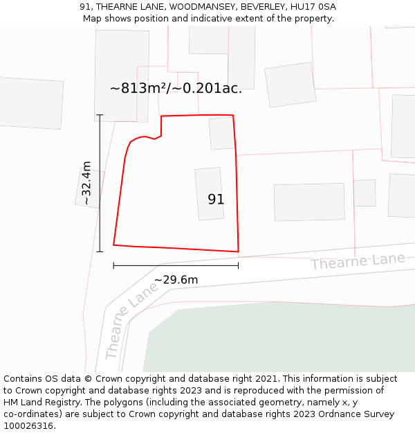 91, THEARNE LANE, WOODMANSEY, BEVERLEY, HU17 0SA: Plot and title map