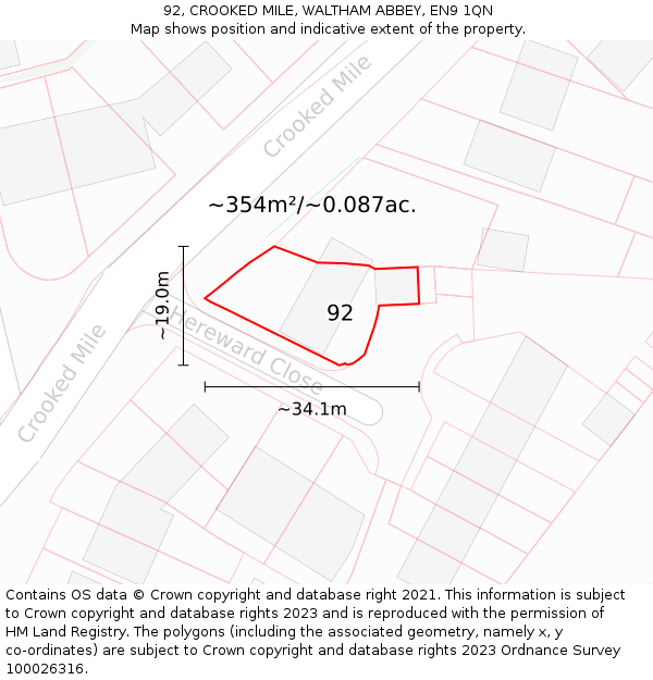 92, CROOKED MILE, WALTHAM ABBEY, EN9 1QN: Plot and title map