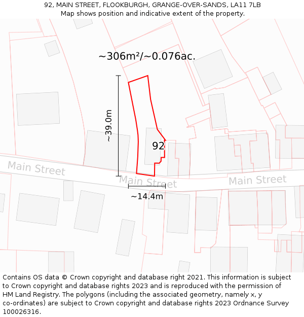 92, MAIN STREET, FLOOKBURGH, GRANGE-OVER-SANDS, LA11 7LB: Plot and title map