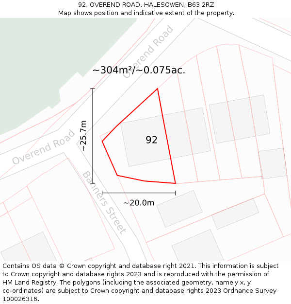 92, OVEREND ROAD, HALESOWEN, B63 2RZ: Plot and title map