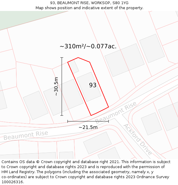 93, BEAUMONT RISE, WORKSOP, S80 1YG: Plot and title map