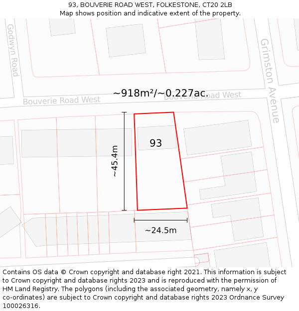 93, BOUVERIE ROAD WEST, FOLKESTONE, CT20 2LB: Plot and title map