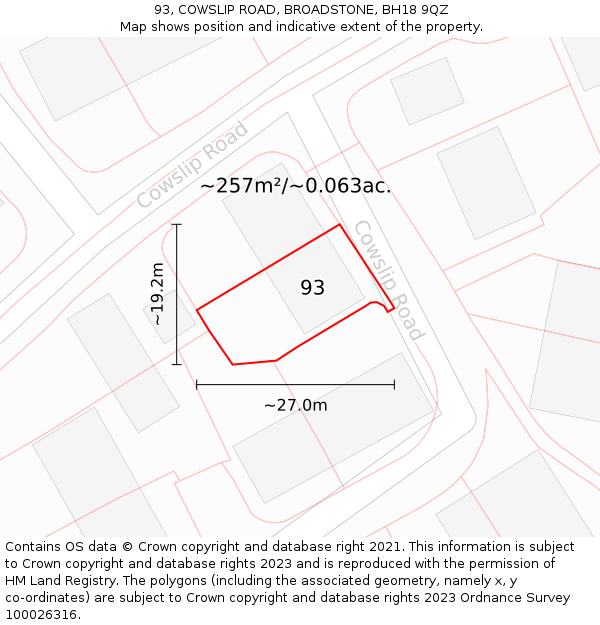 93, COWSLIP ROAD, BROADSTONE, BH18 9QZ: Plot and title map