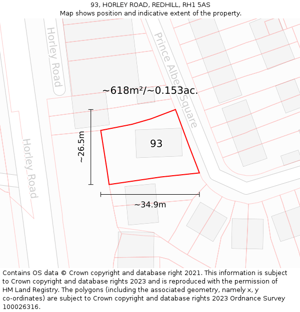 93, HORLEY ROAD, REDHILL, RH1 5AS: Plot and title map