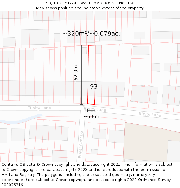 93, TRINITY LANE, WALTHAM CROSS, EN8 7EW: Plot and title map