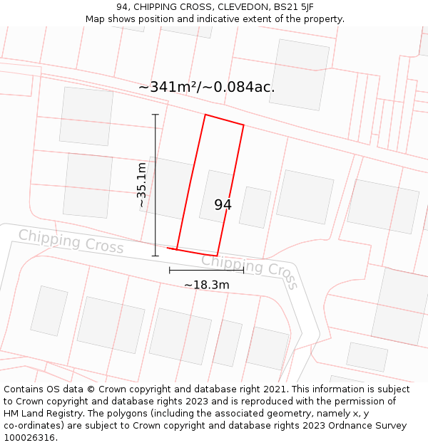 94, CHIPPING CROSS, CLEVEDON, BS21 5JF: Plot and title map