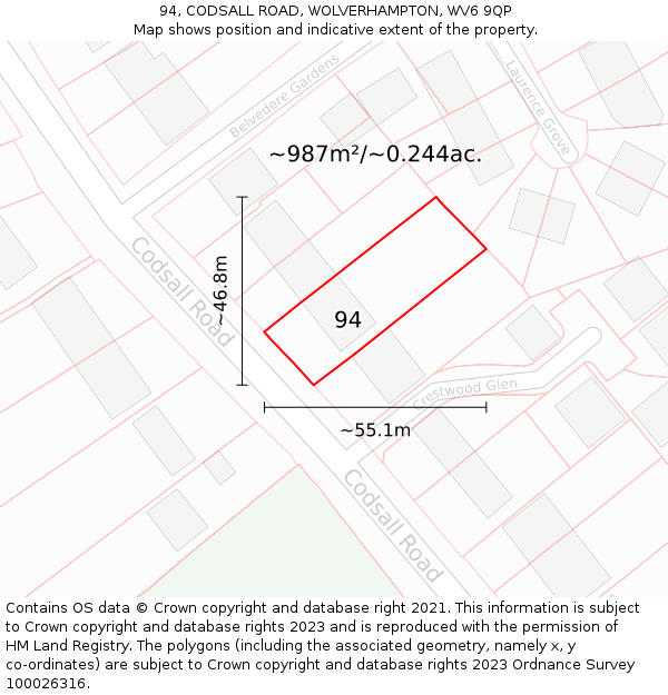 94, CODSALL ROAD, WOLVERHAMPTON, WV6 9QP: Plot and title map