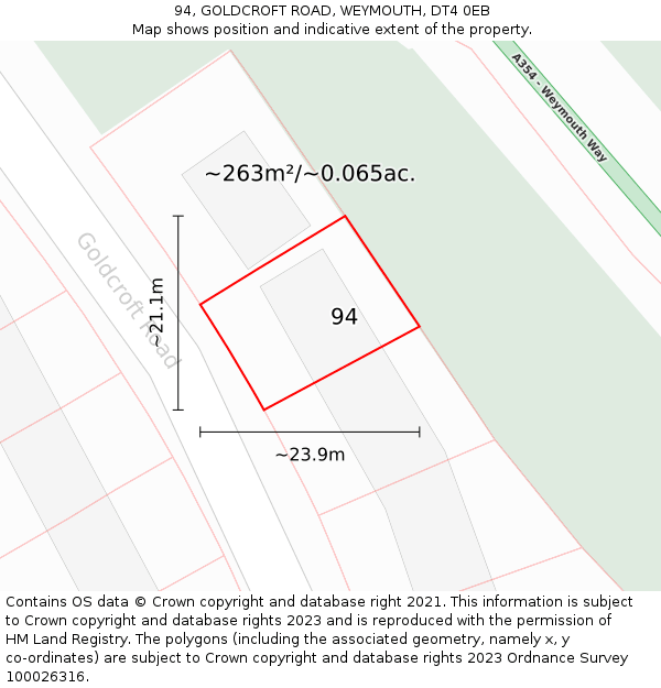 94, GOLDCROFT ROAD, WEYMOUTH, DT4 0EB: Plot and title map