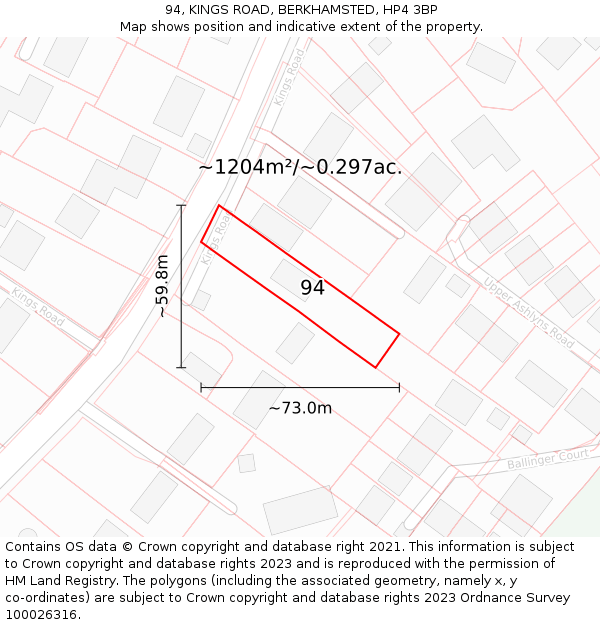 94, KINGS ROAD, BERKHAMSTED, HP4 3BP: Plot and title map