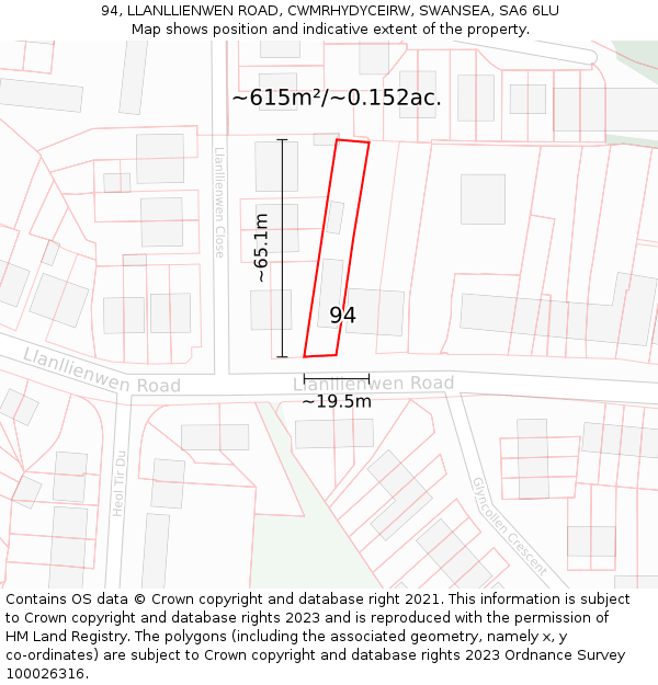 94, LLANLLIENWEN ROAD, CWMRHYDYCEIRW, SWANSEA, SA6 6LU: Plot and title map