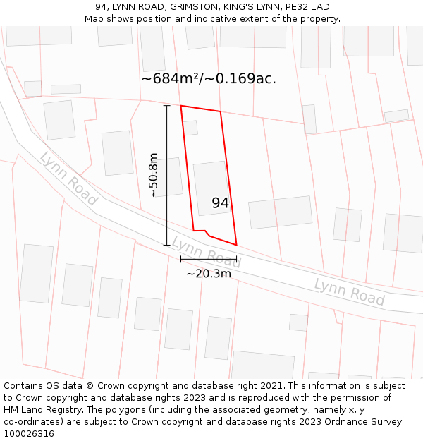 94, LYNN ROAD, GRIMSTON, KING'S LYNN, PE32 1AD: Plot and title map