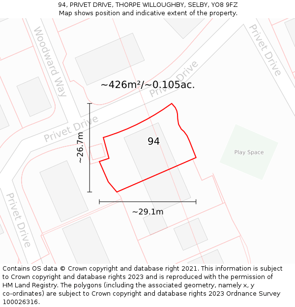 94, PRIVET DRIVE, THORPE WILLOUGHBY, SELBY, YO8 9FZ: Plot and title map