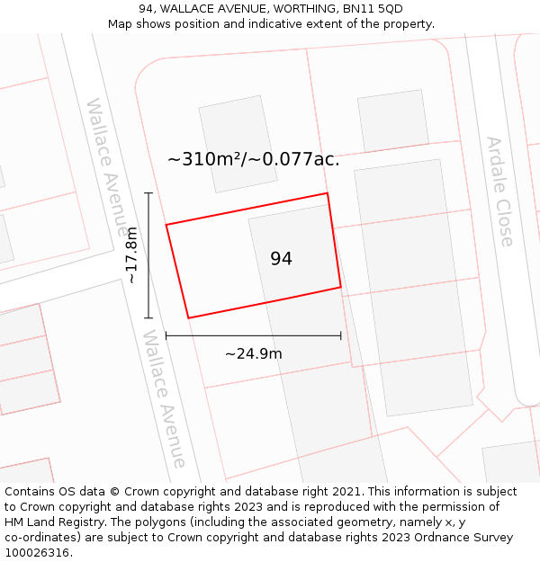 94, WALLACE AVENUE, WORTHING, BN11 5QD: Plot and title map