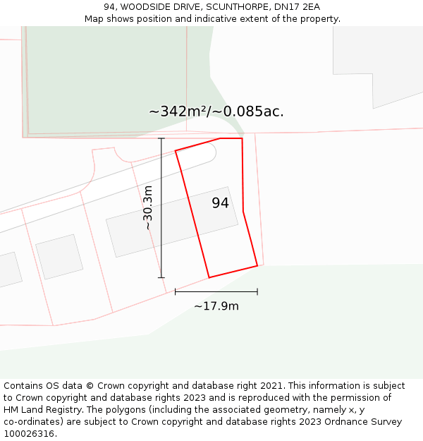 94, WOODSIDE DRIVE, SCUNTHORPE, DN17 2EA: Plot and title map