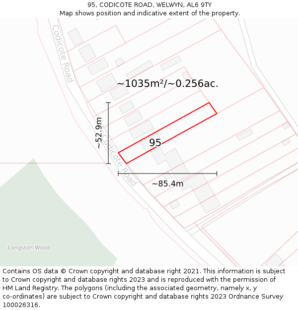 95, CODICOTE ROAD, WELWYN, AL6 9TY: Plot and title map