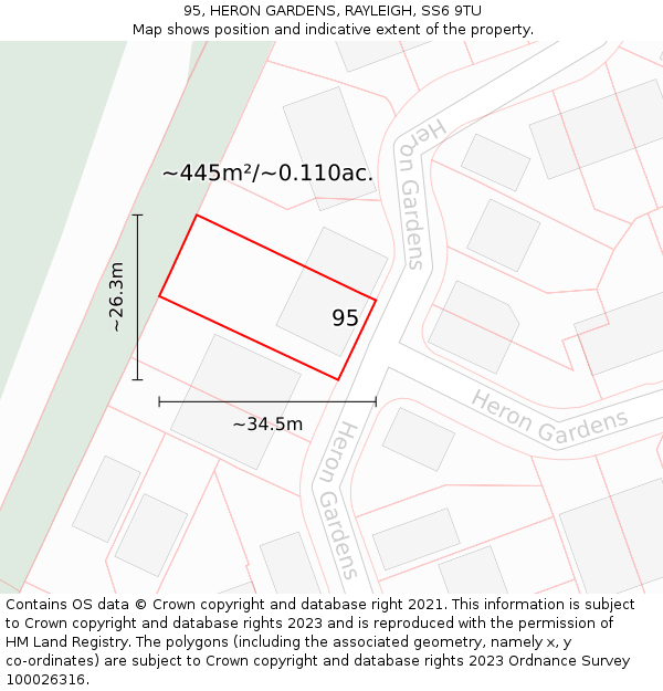 95, HERON GARDENS, RAYLEIGH, SS6 9TU: Plot and title map