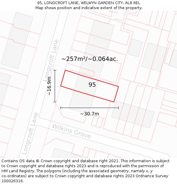 95, LONGCROFT LANE, WELWYN GARDEN CITY, AL8 6EL: Plot and title map