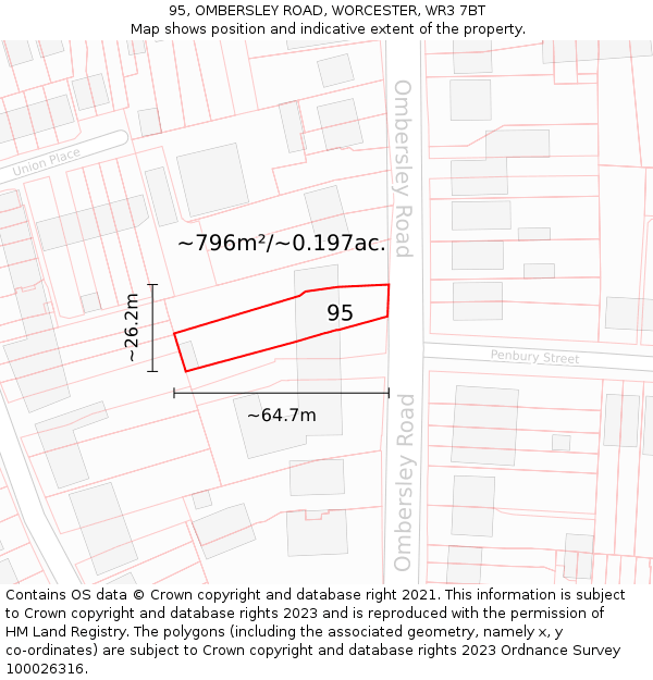 95, OMBERSLEY ROAD, WORCESTER, WR3 7BT: Plot and title map