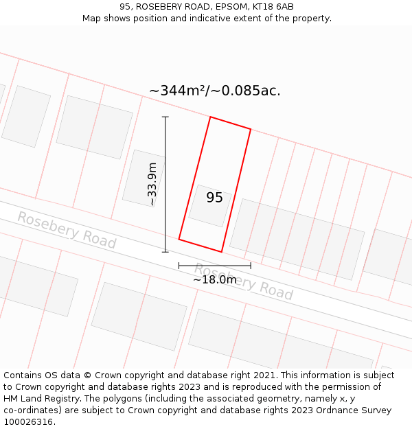 95, ROSEBERY ROAD, EPSOM, KT18 6AB: Plot and title map