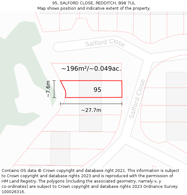 95, SALFORD CLOSE, REDDITCH, B98 7UL: Plot and title map