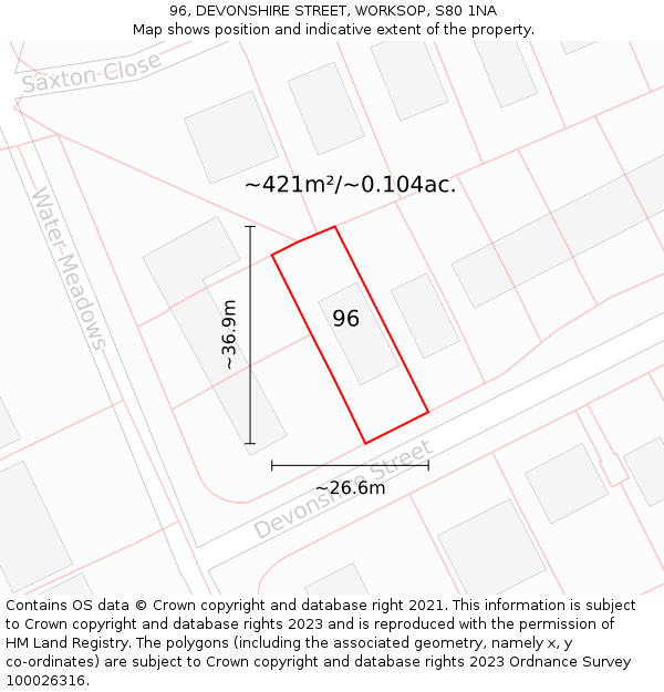 96, DEVONSHIRE STREET, WORKSOP, S80 1NA: Plot and title map