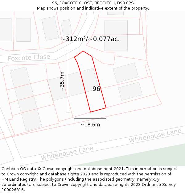 96, FOXCOTE CLOSE, REDDITCH, B98 0PS: Plot and title map