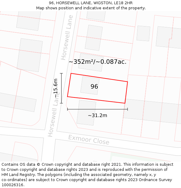 96, HORSEWELL LANE, WIGSTON, LE18 2HR: Plot and title map