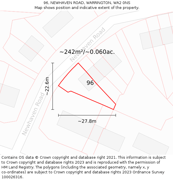 96, NEWHAVEN ROAD, WARRINGTON, WA2 0NS: Plot and title map