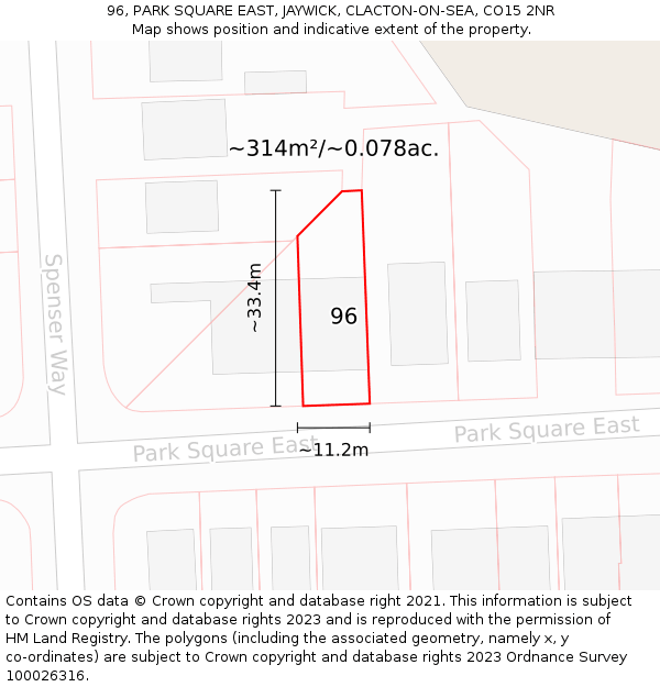 96, PARK SQUARE EAST, JAYWICK, CLACTON-ON-SEA, CO15 2NR: Plot and title map