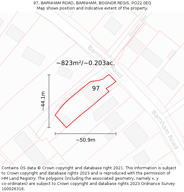 97, BARNHAM ROAD, BARNHAM, BOGNOR REGIS, PO22 0EQ: Plot and title map