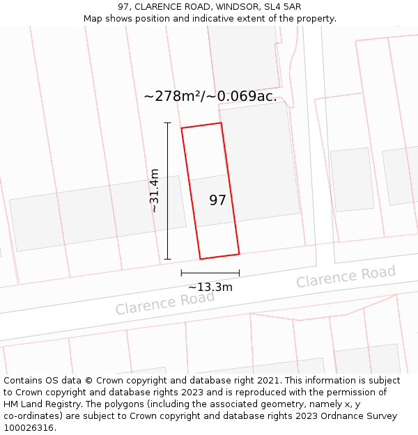 97, CLARENCE ROAD, WINDSOR, SL4 5AR: Plot and title map