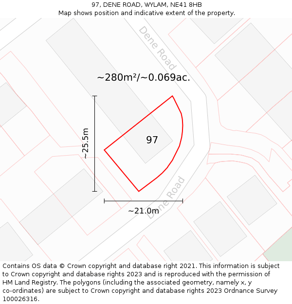 97, DENE ROAD, WYLAM, NE41 8HB: Plot and title map