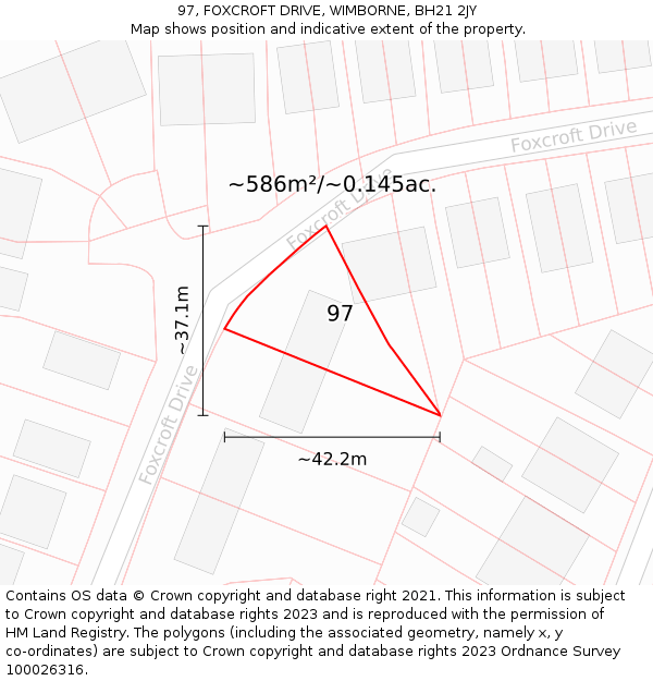 97, FOXCROFT DRIVE, WIMBORNE, BH21 2JY: Plot and title map