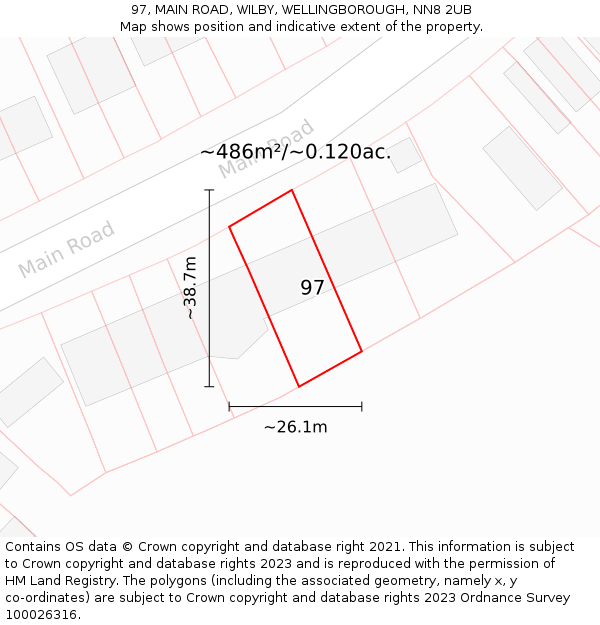 97, MAIN ROAD, WILBY, WELLINGBOROUGH, NN8 2UB: Plot and title map