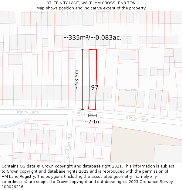 97, TRINITY LANE, WALTHAM CROSS, EN8 7EW: Plot and title map