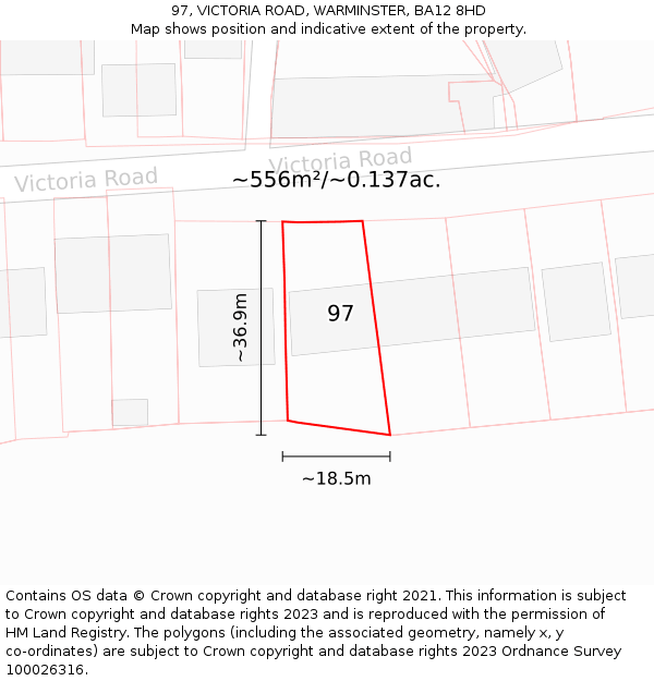 97, VICTORIA ROAD, WARMINSTER, BA12 8HD: Plot and title map