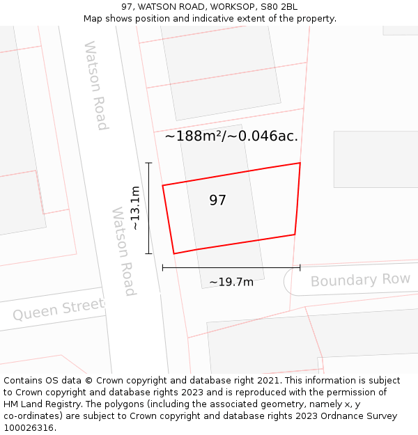 97, WATSON ROAD, WORKSOP, S80 2BL: Plot and title map