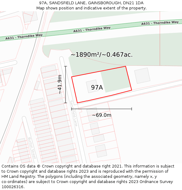 97A, SANDSFIELD LANE, GAINSBOROUGH, DN21 1DA: Plot and title map