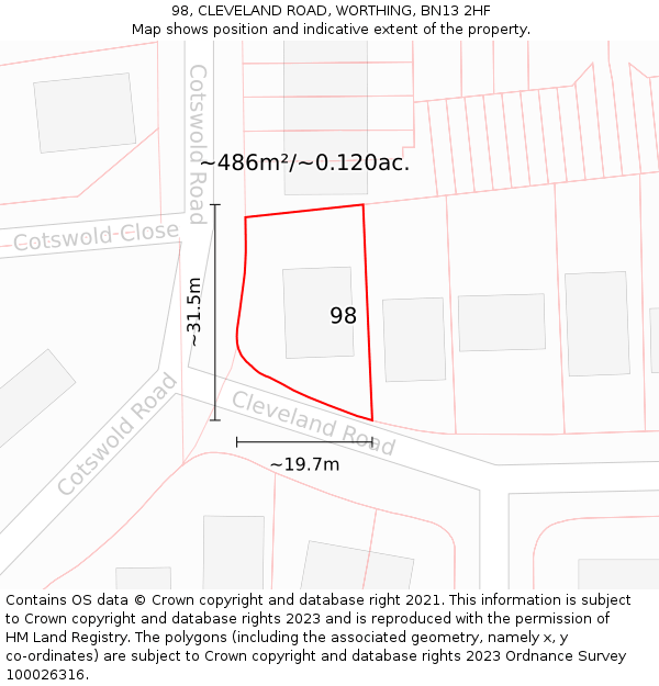 98, CLEVELAND ROAD, WORTHING, BN13 2HF: Plot and title map