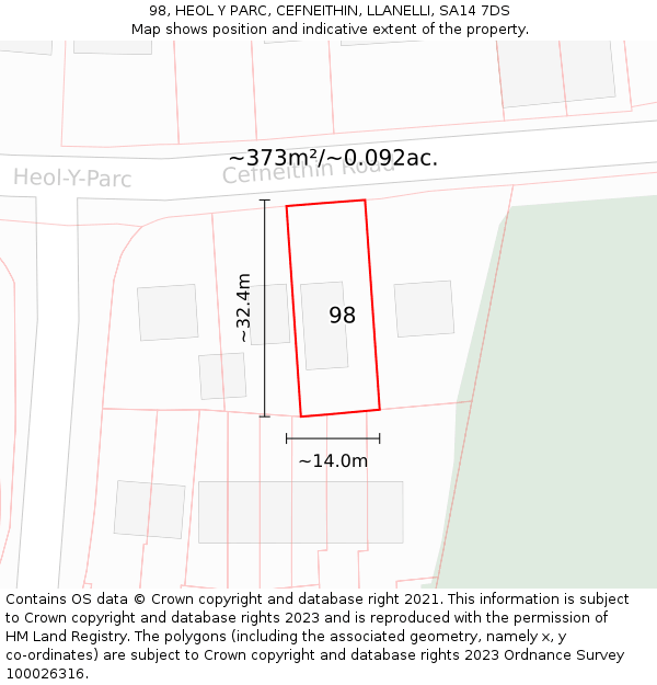 98, HEOL Y PARC, CEFNEITHIN, LLANELLI, SA14 7DS: Plot and title map