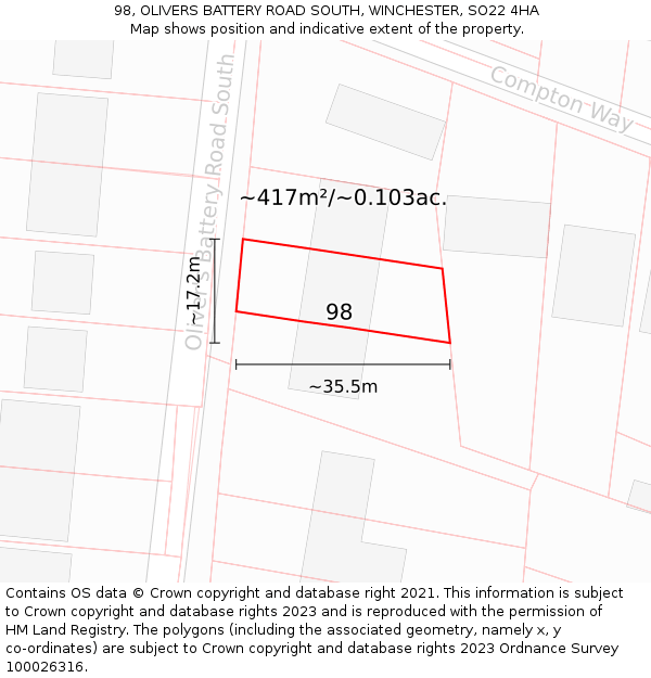 98, OLIVERS BATTERY ROAD SOUTH, WINCHESTER, SO22 4HA: Plot and title map