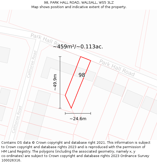 98, PARK HALL ROAD, WALSALL, WS5 3LZ: Plot and title map