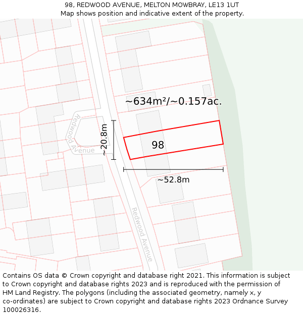 98, REDWOOD AVENUE, MELTON MOWBRAY, LE13 1UT: Plot and title map