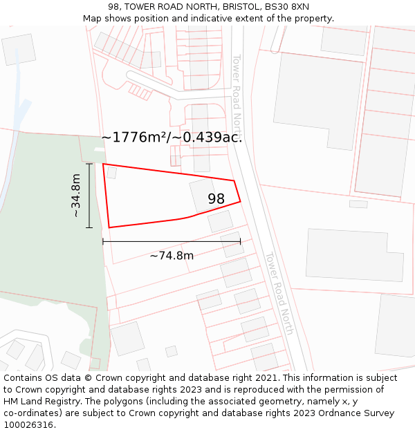 98, TOWER ROAD NORTH, BRISTOL, BS30 8XN: Plot and title map