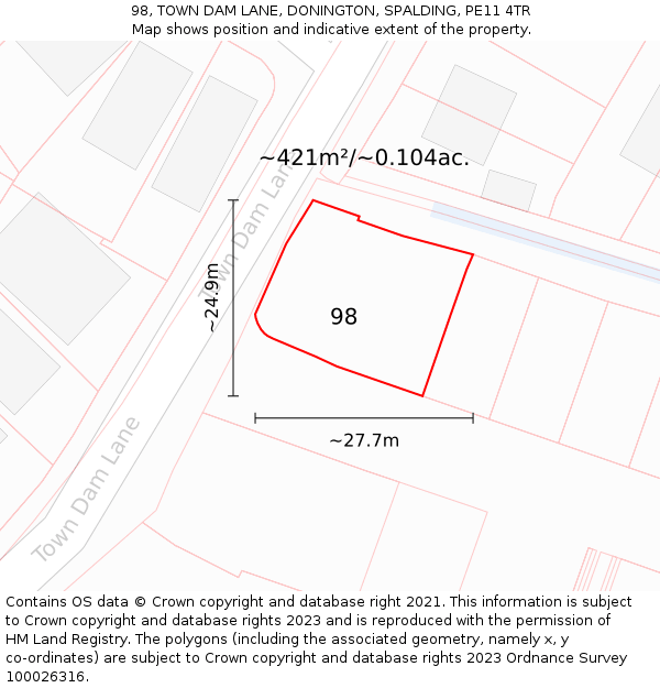 98, TOWN DAM LANE, DONINGTON, SPALDING, PE11 4TR: Plot and title map