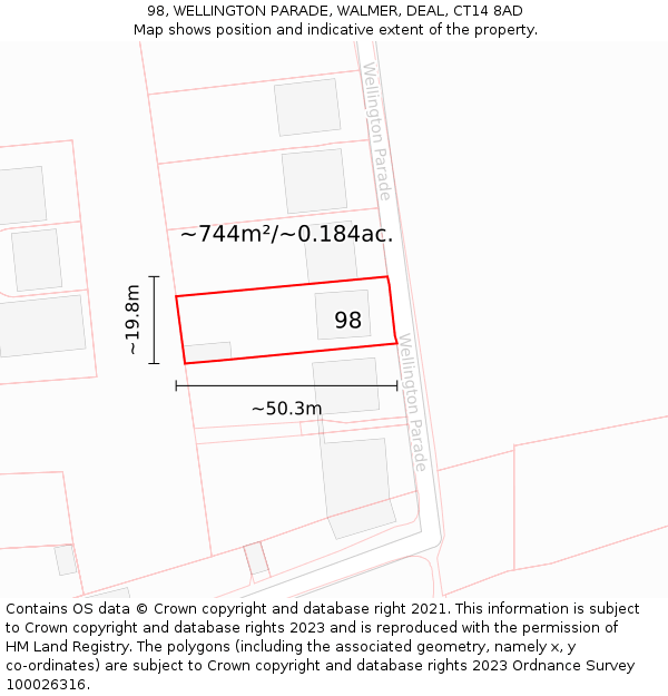 98, WELLINGTON PARADE, WALMER, DEAL, CT14 8AD: Plot and title map