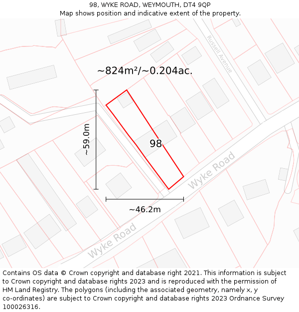 98, WYKE ROAD, WEYMOUTH, DT4 9QP: Plot and title map