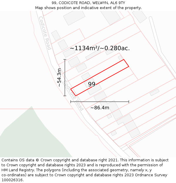 99, CODICOTE ROAD, WELWYN, AL6 9TY: Plot and title map